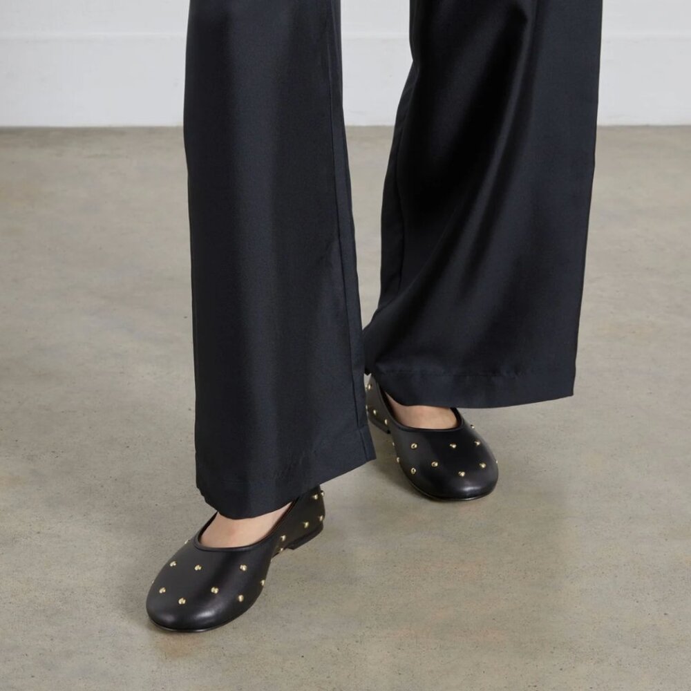 Dear Frances | Black Leather Bala Gold Studs Ballerina Flats | 38